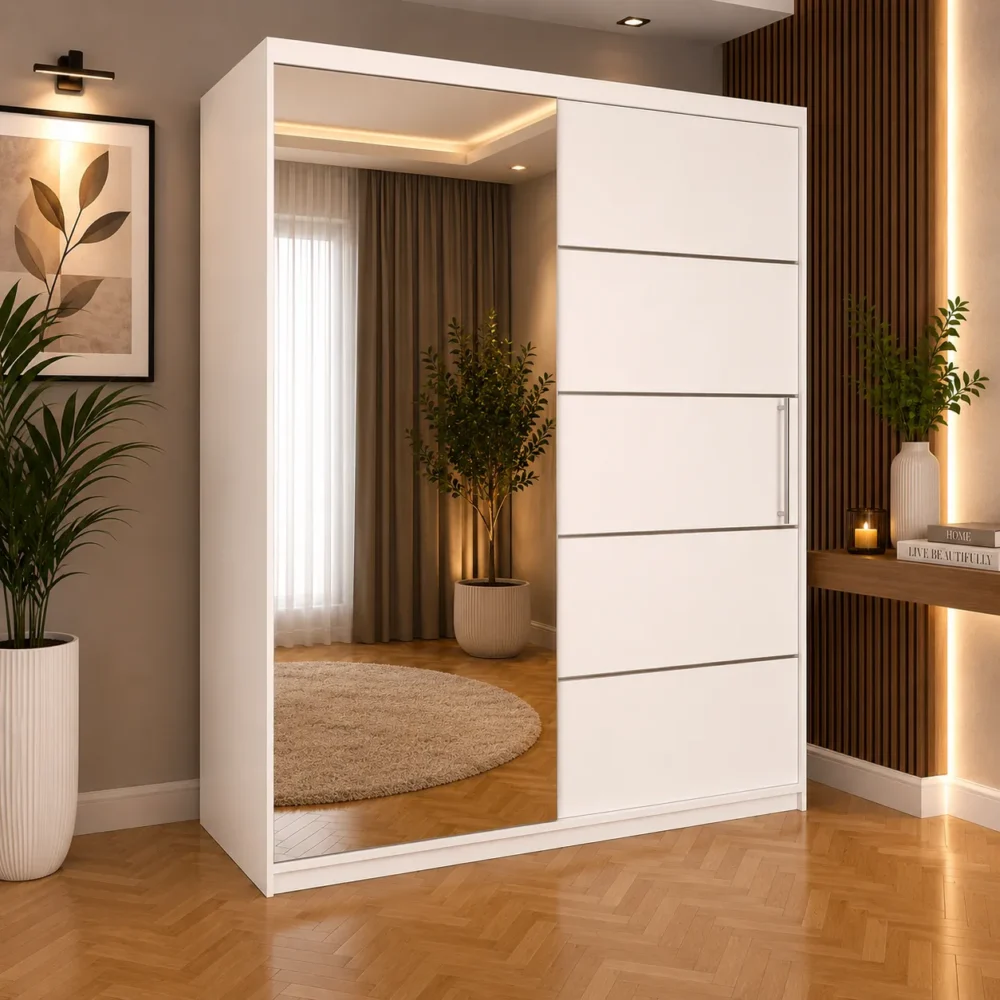 Dressing Lora Fill alb cu oglinda, 2 usi glisante, dimensiune 150x200
