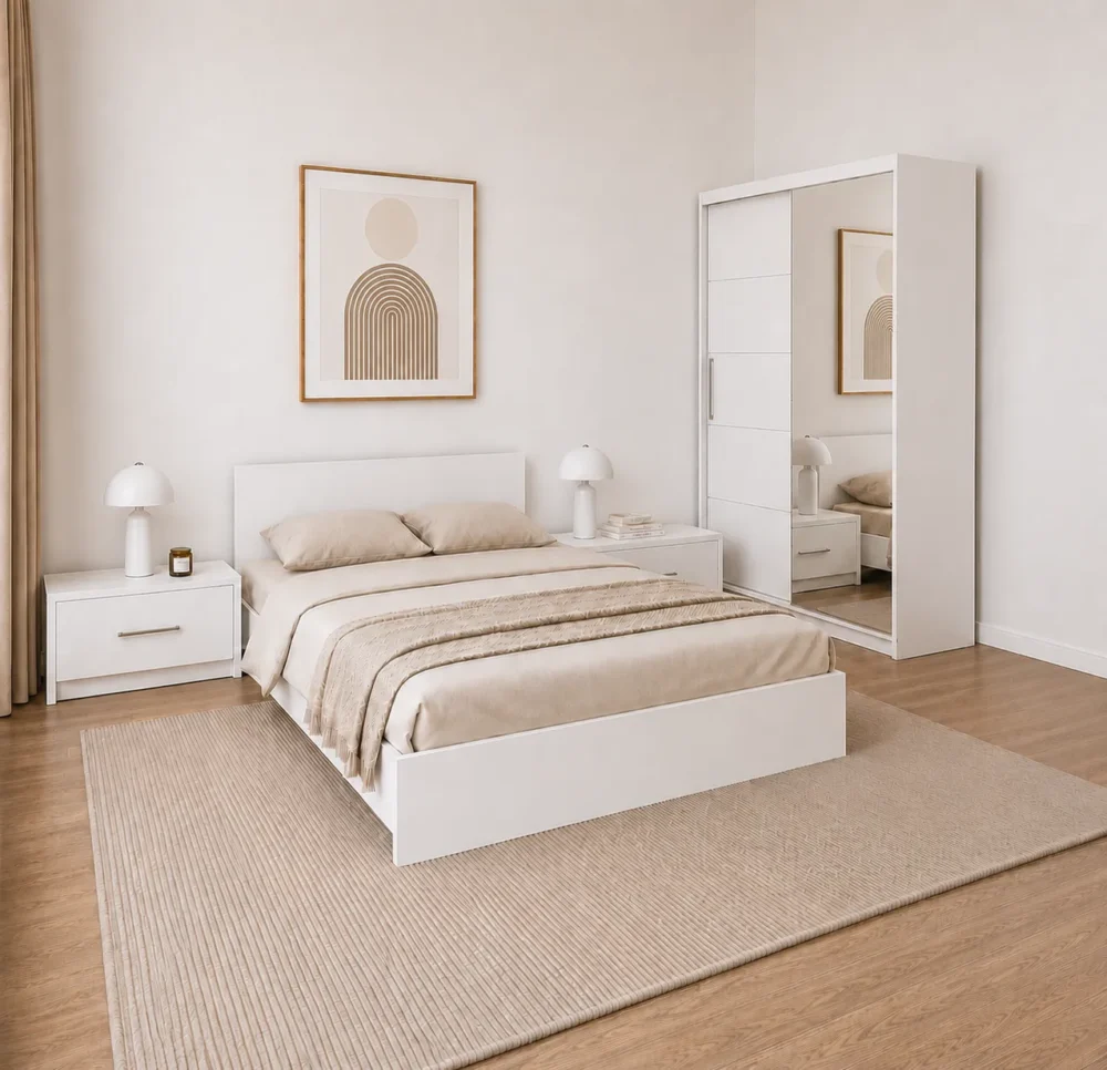 Set Dormitor Anca Alb Set dormitor Anca cu pat matrimonial noptiere si dressing finisaj alb