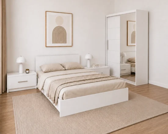Set dormitor Anca cu pat matrimonial noptiere si dressing finisaj alb