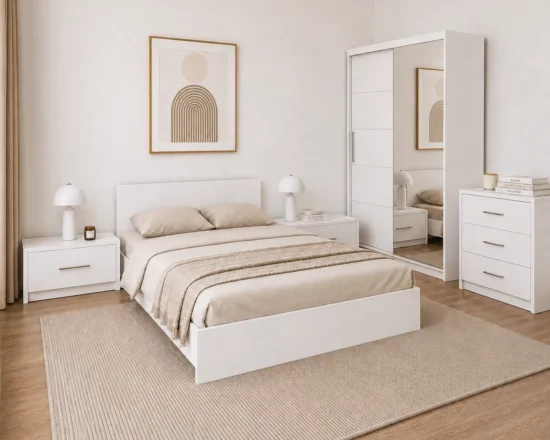 Set dormitor Anca alb, cu pat matrimonial, noptiere si dressing