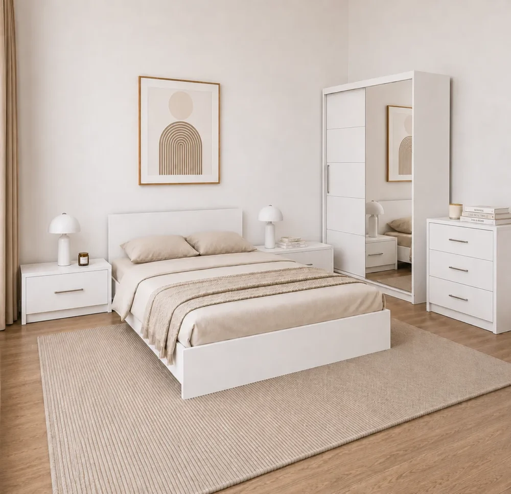 Set dormitor Anca cu pat matrimonial, noptiere si dressing alb