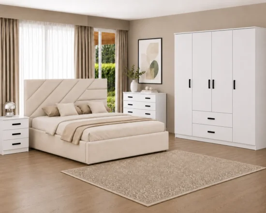 Dormitor Rosita Dressing 202x206 cm, cu Noptiere și Comodă
