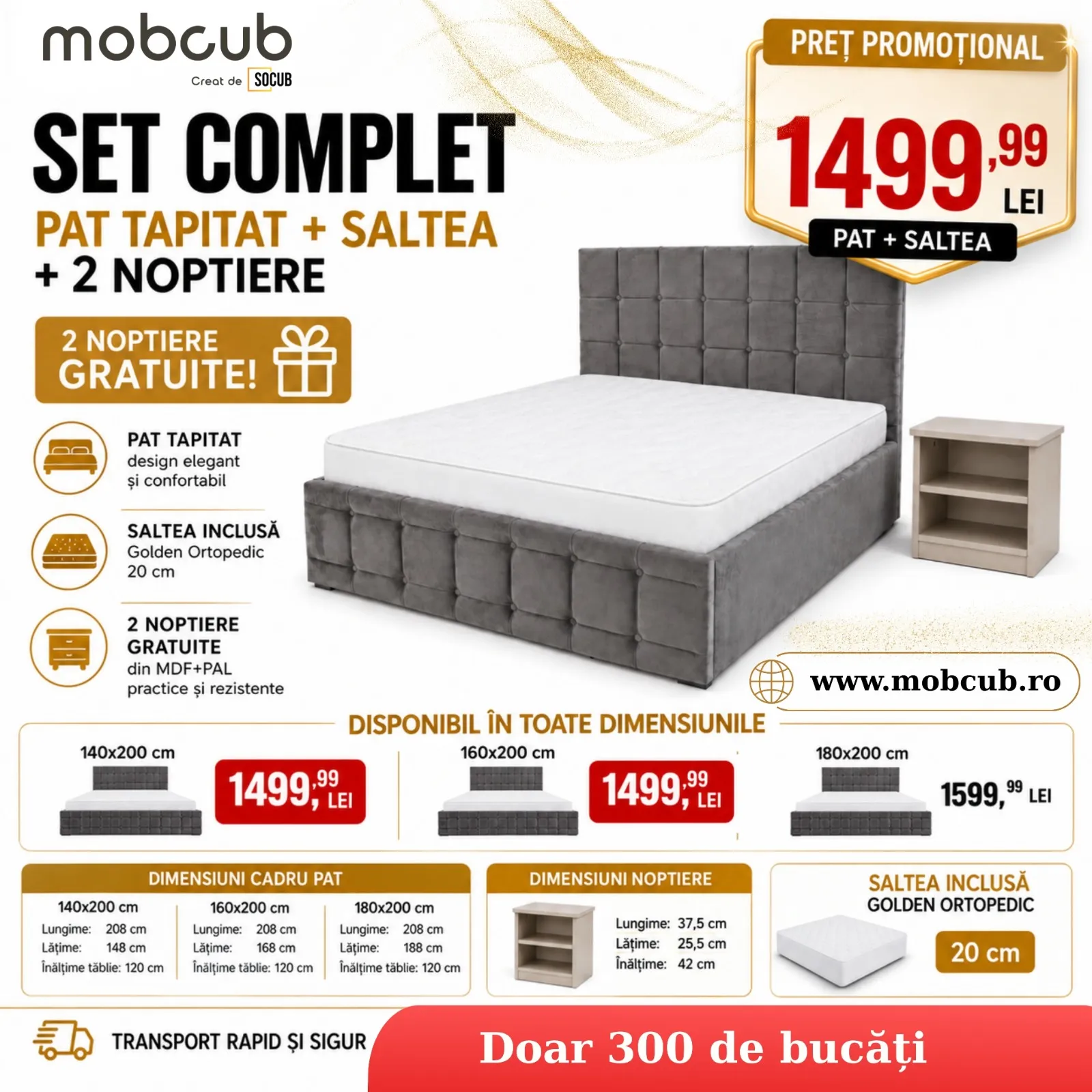 Promotie - Pat tapitat Kent, saltea si noptiere - Set complet mobcub
