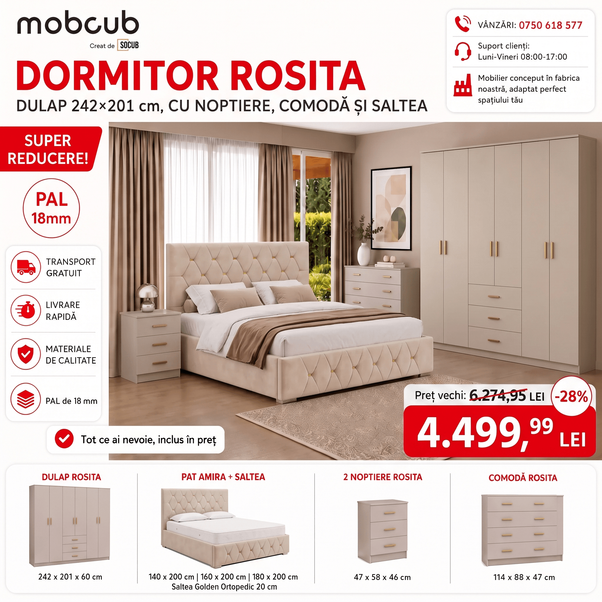 Set Dormitor Rosita - Dulap - Pat - Noptiere - Comoda si Saltea